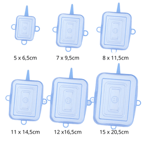 Medidas das tampas retangulares em cm - 5x6.5, 7x9.5, 8x11.5, 11x14.5, 12x16.5 e 15x20.5